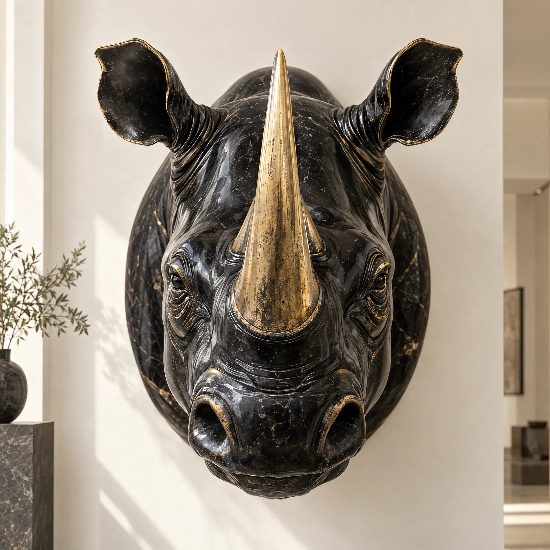 Museum-Grade Obsidian and Gold Rhino Sculpture